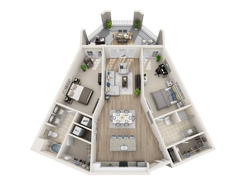 Floor plan for 2 beds, 2 baths, 1367 sqft